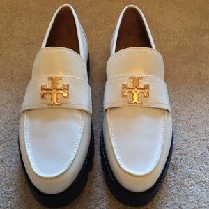 Tory Burch White and Gold Flats with Logo Detail